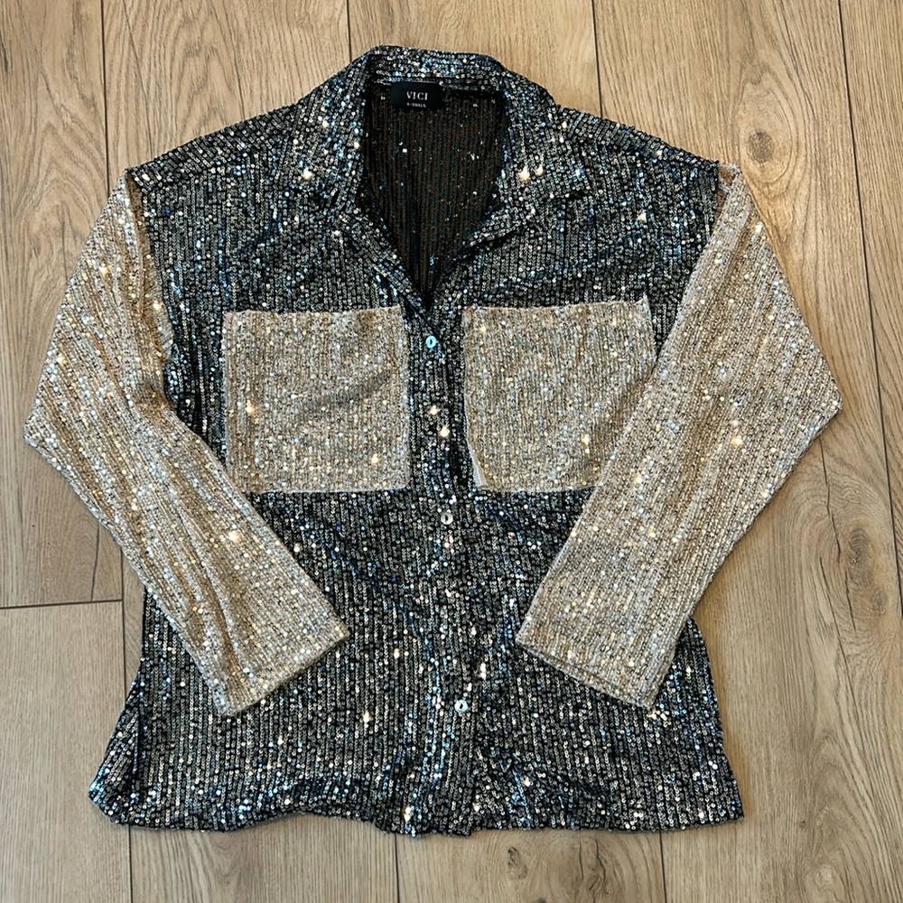 Sequined Two-Toned Black and Tan Long Sleeve Button Down Top Oversized Fit